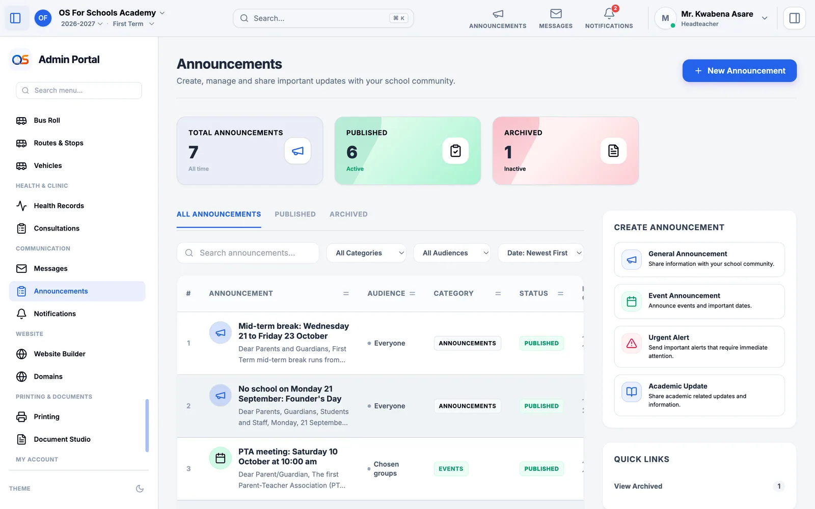 Announcements: how many notices the school has published, then each notice with who it was for, its category, its state and when it was published.